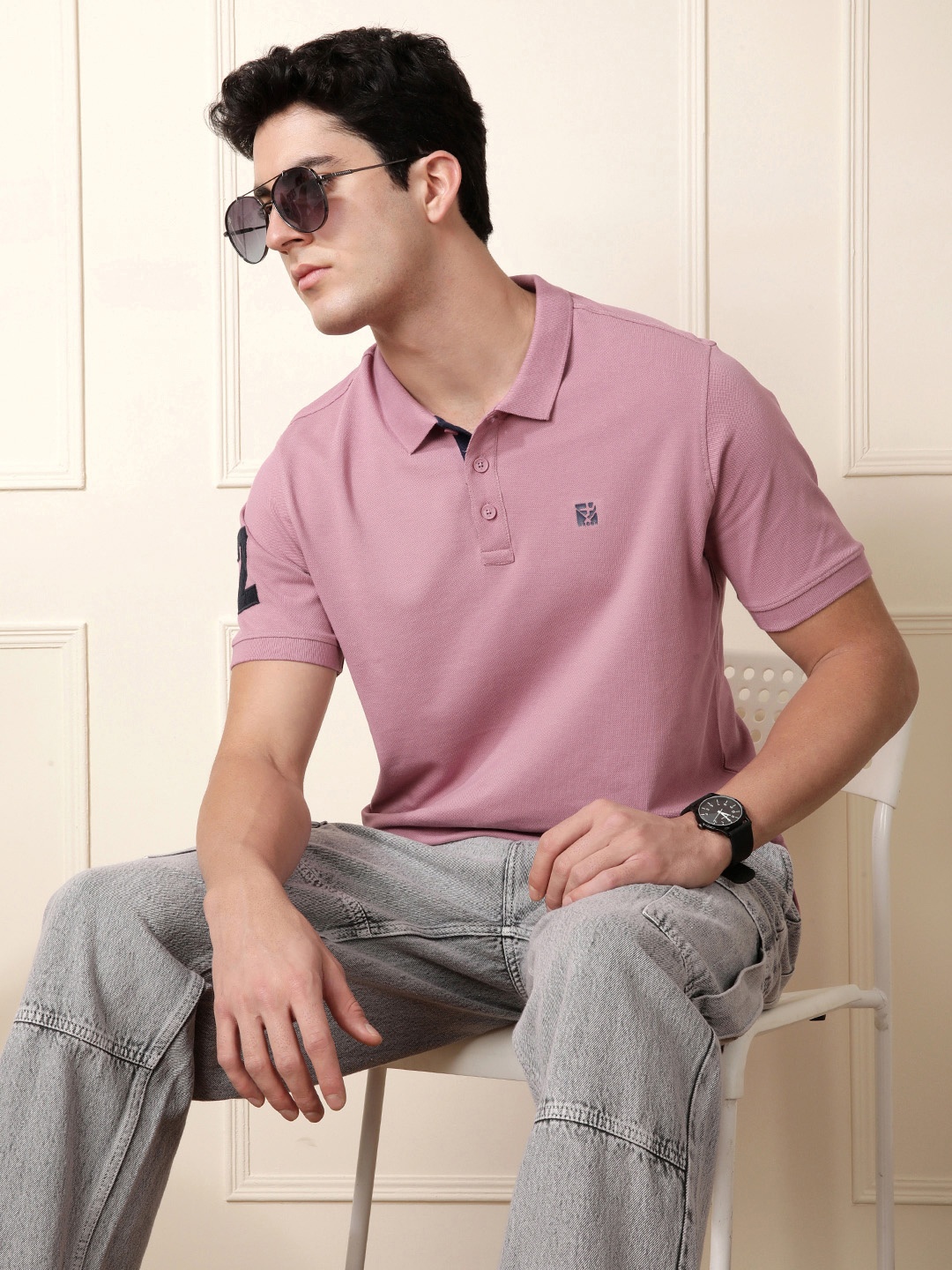 

WROGN Pure Cotton Polo Collar Applique T-shirt, Mauve