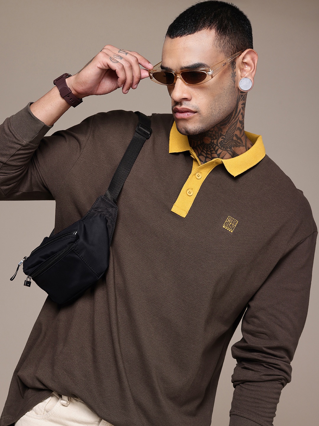 

WROGN Pure Cotton Polo Collar Drop-Shoulder Sleeves Oversized T-shirt, Brown
