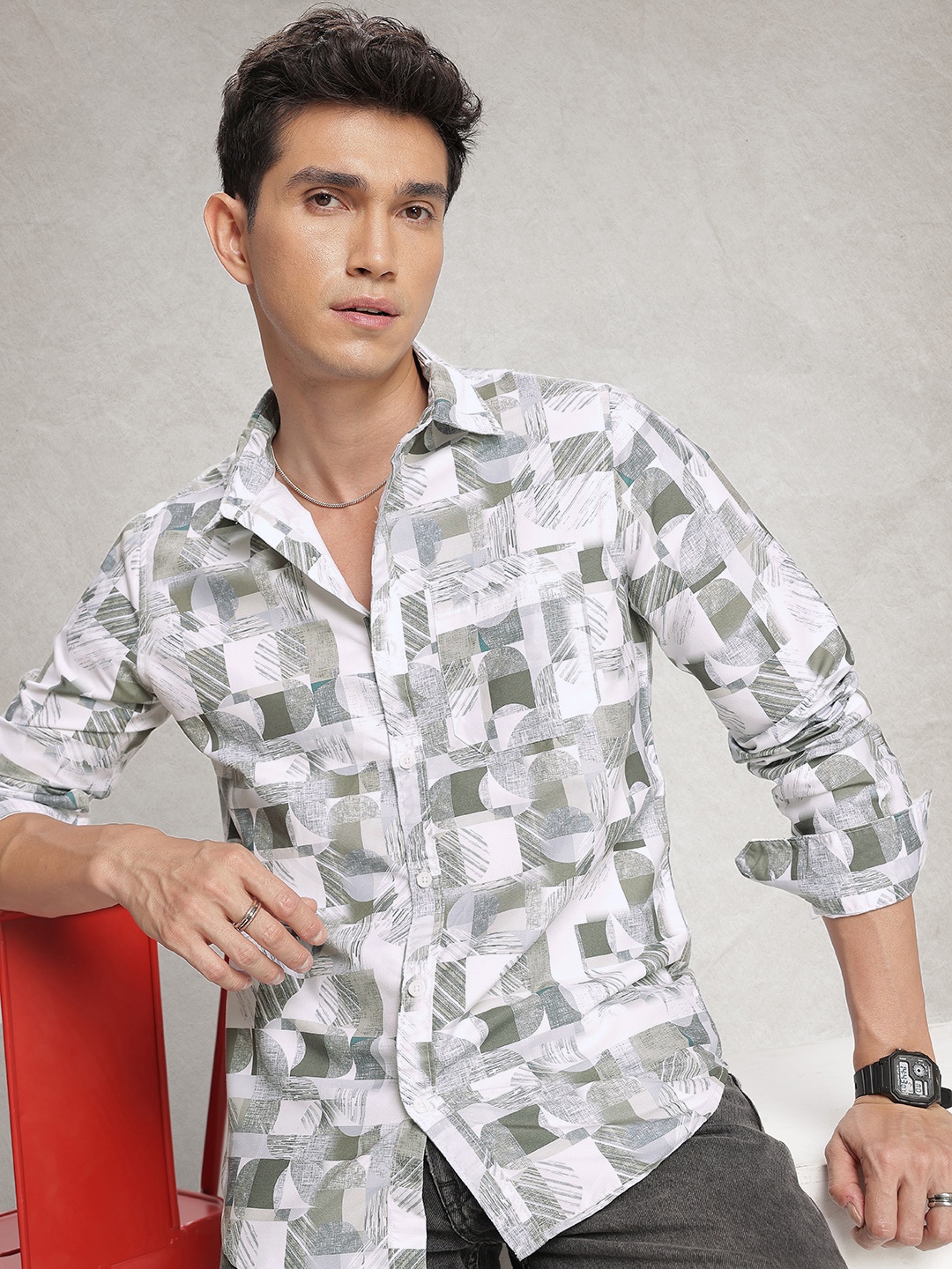 

WROGN Abstract Printed Casual Shirt, Green