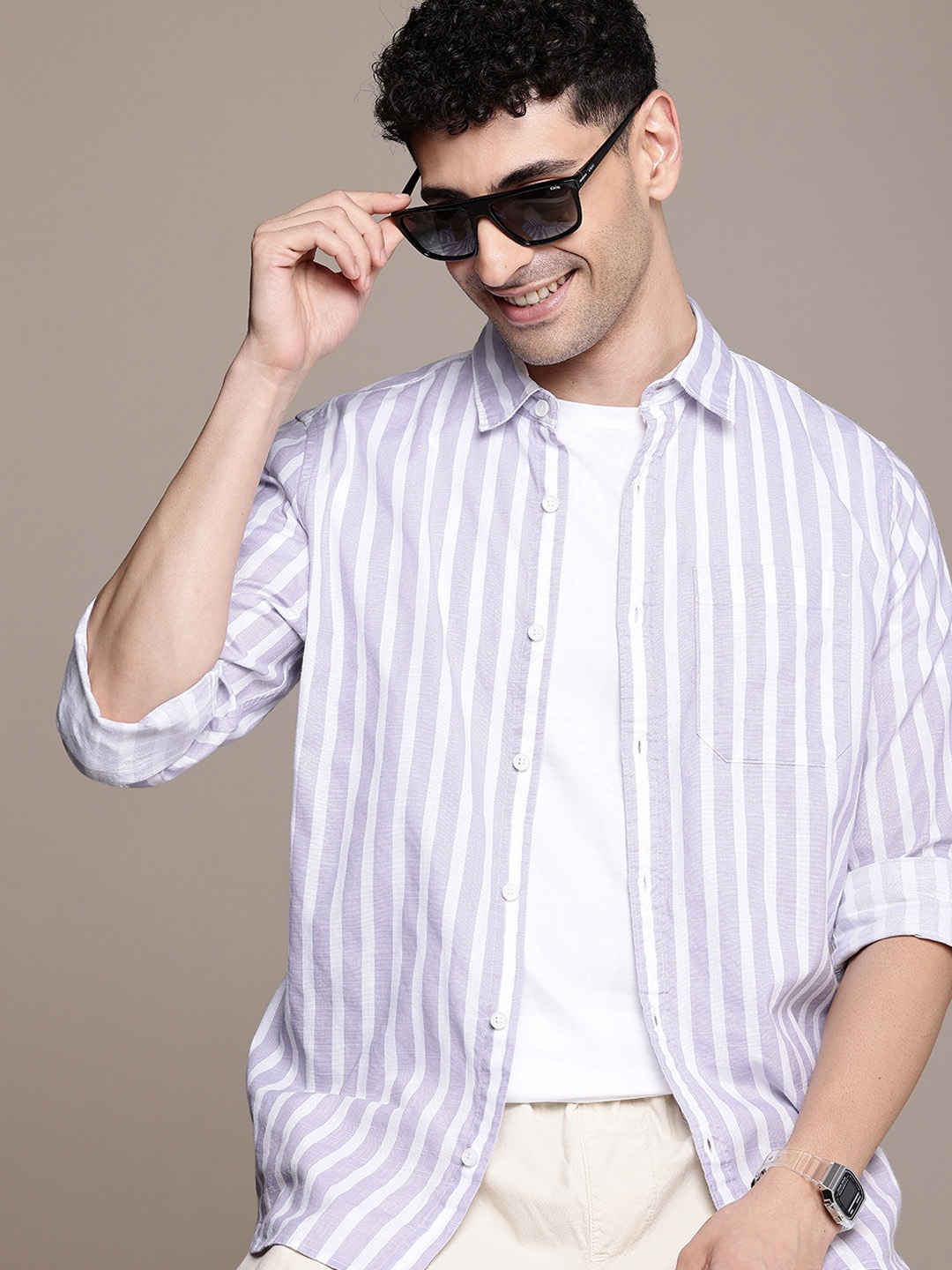 

WROGN Vertical Stripes Pure Cotton Casual Shirt, White