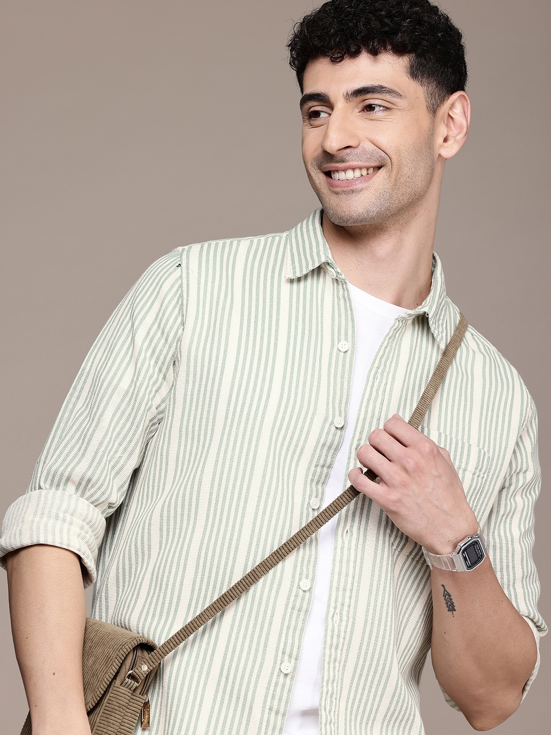 

WROGN Self Striped Pure Cotton Casual Shirt, Cream