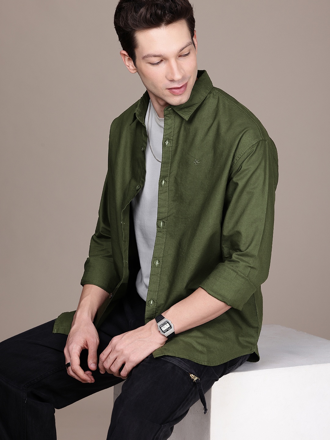 

WROGN Oversized Fit Opaque Pure Cotton Casual Shirt, Olive