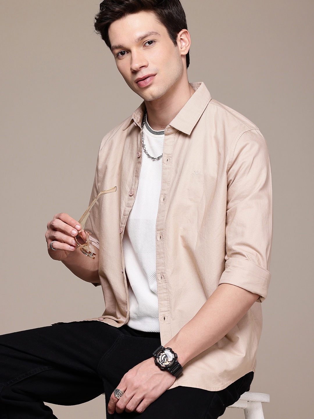 

WROGN Opaque Pure Cotton Casual Shirt, Beige