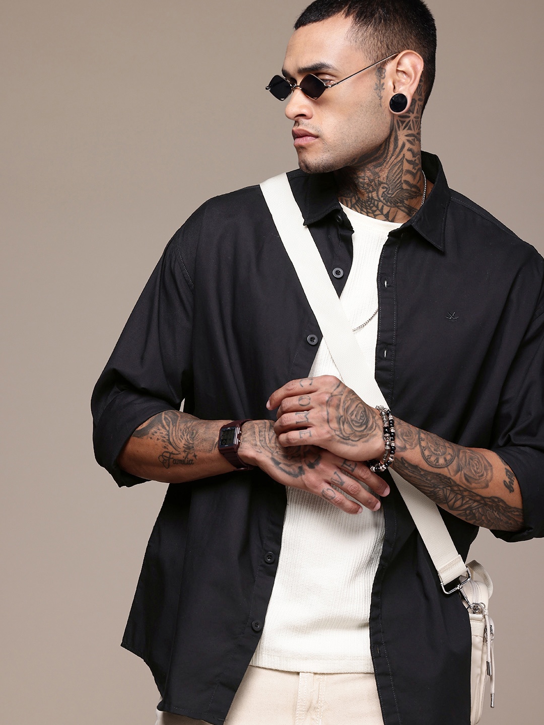 

WROGN Oversized Fit Opaque Pure Cotton Casual Shirt, Black