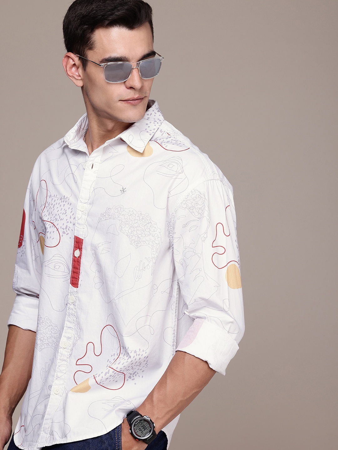 

WROGN Oversized Printed Drop-Shoulder Sleeves Pure Cotton Casual Shirt, White