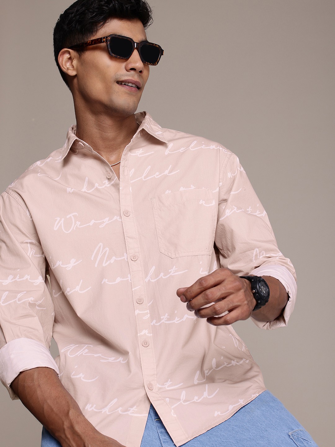 

WROGN Pure Cotton Typography Printed Drop-Shoulder Sleeves Comfort Fit Casual Shirt, Mauve