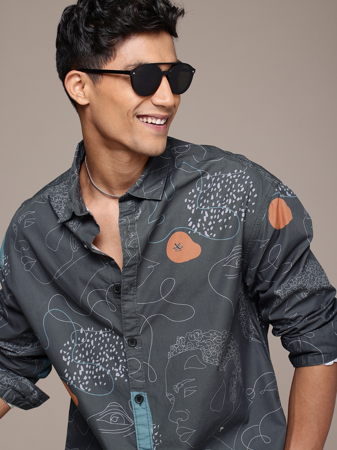 

WROGN Pure Cotton Opaque Printed Oversized Casual Shirt, Grey