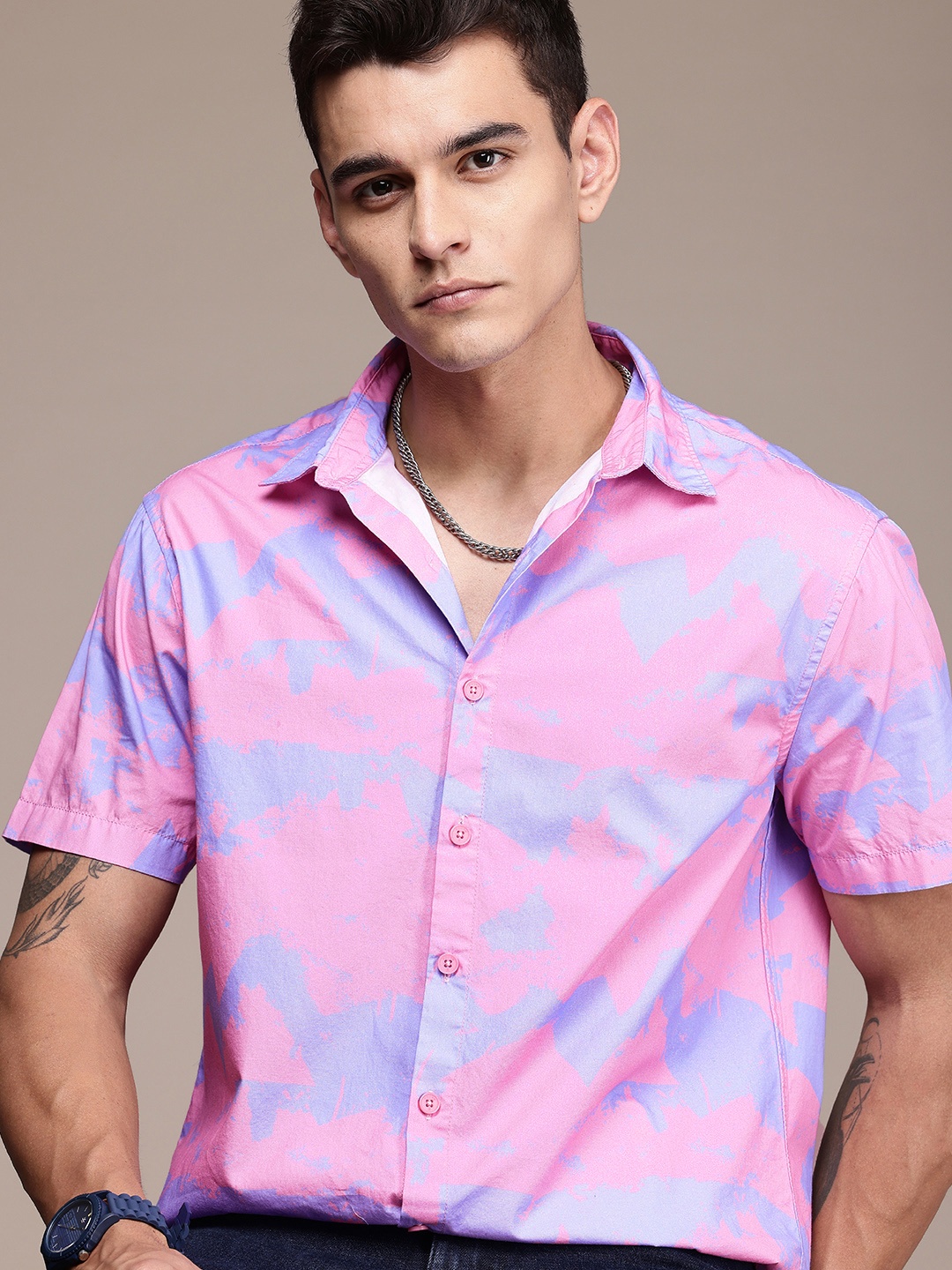 

WROGN Comfort Fit Opaque Dyed Effect Pure Cotton Casual Shirt, Pink