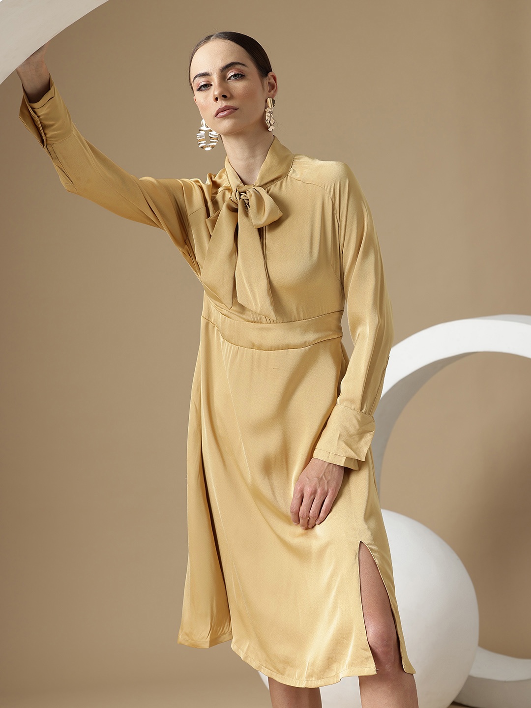 

Chemistry Tie-Up Neck Satin A-Line Dress, Beige