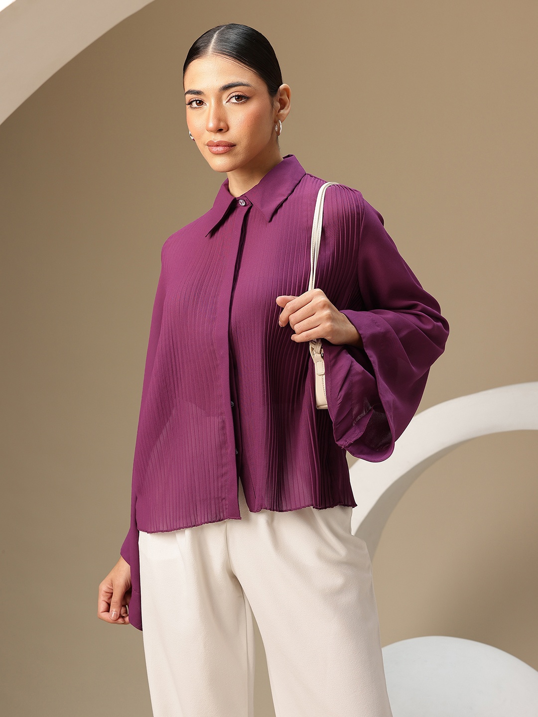 

Chemistry Accordion Pleated Semi Sheer Flared Sleeve Shirt, Burgundy