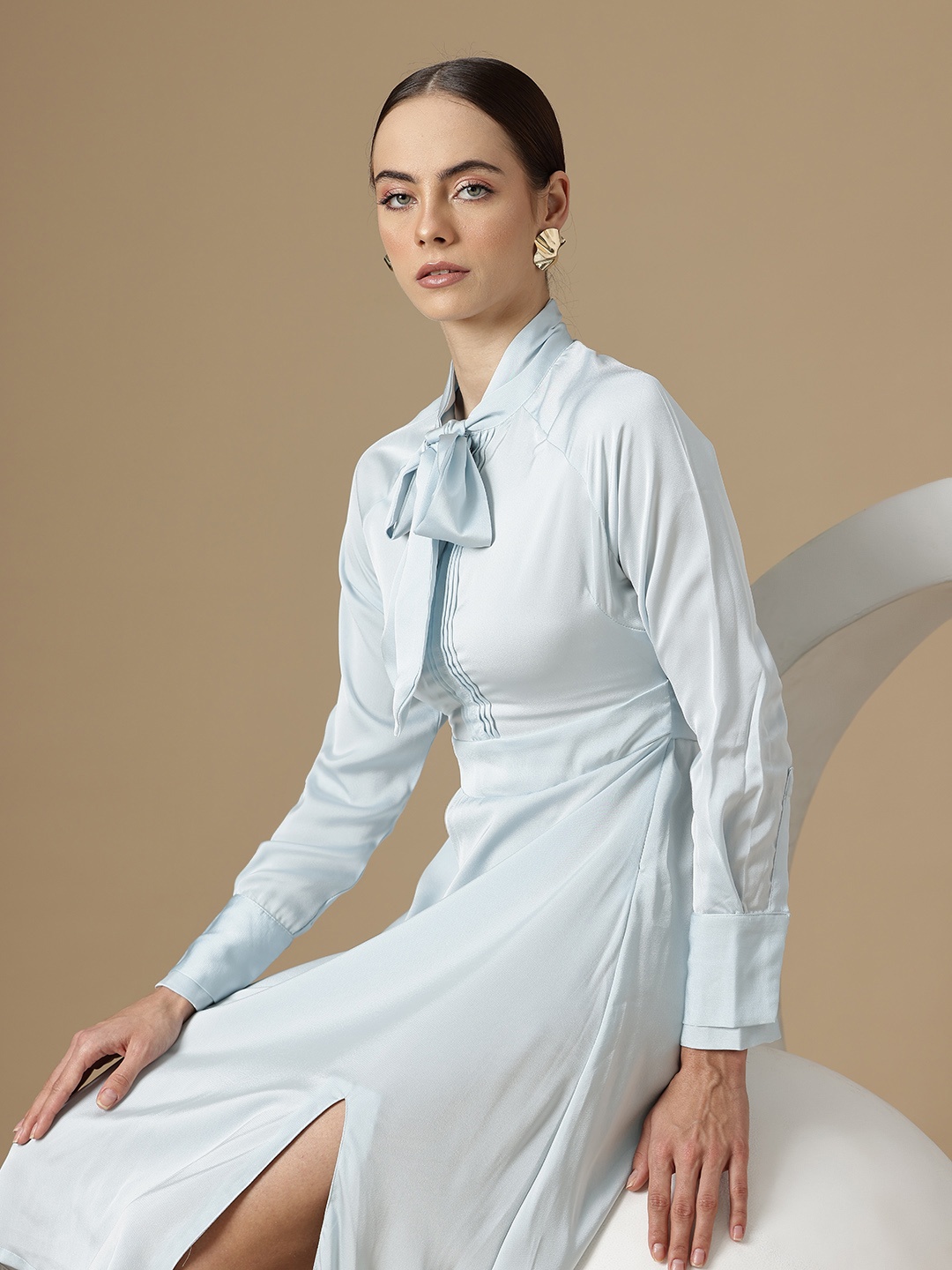 

Chemistry Tie-Up Neck Satin A-Line Dress, Blue