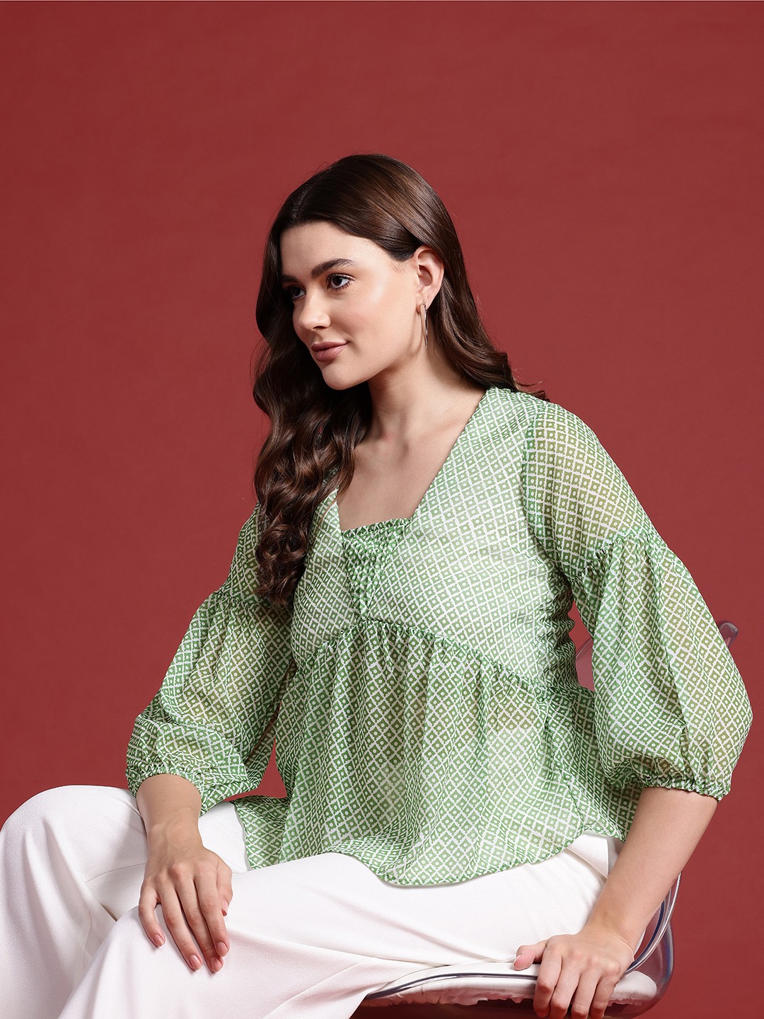 

all about you Geometric Print Puff Sleeve Empire Top, Green