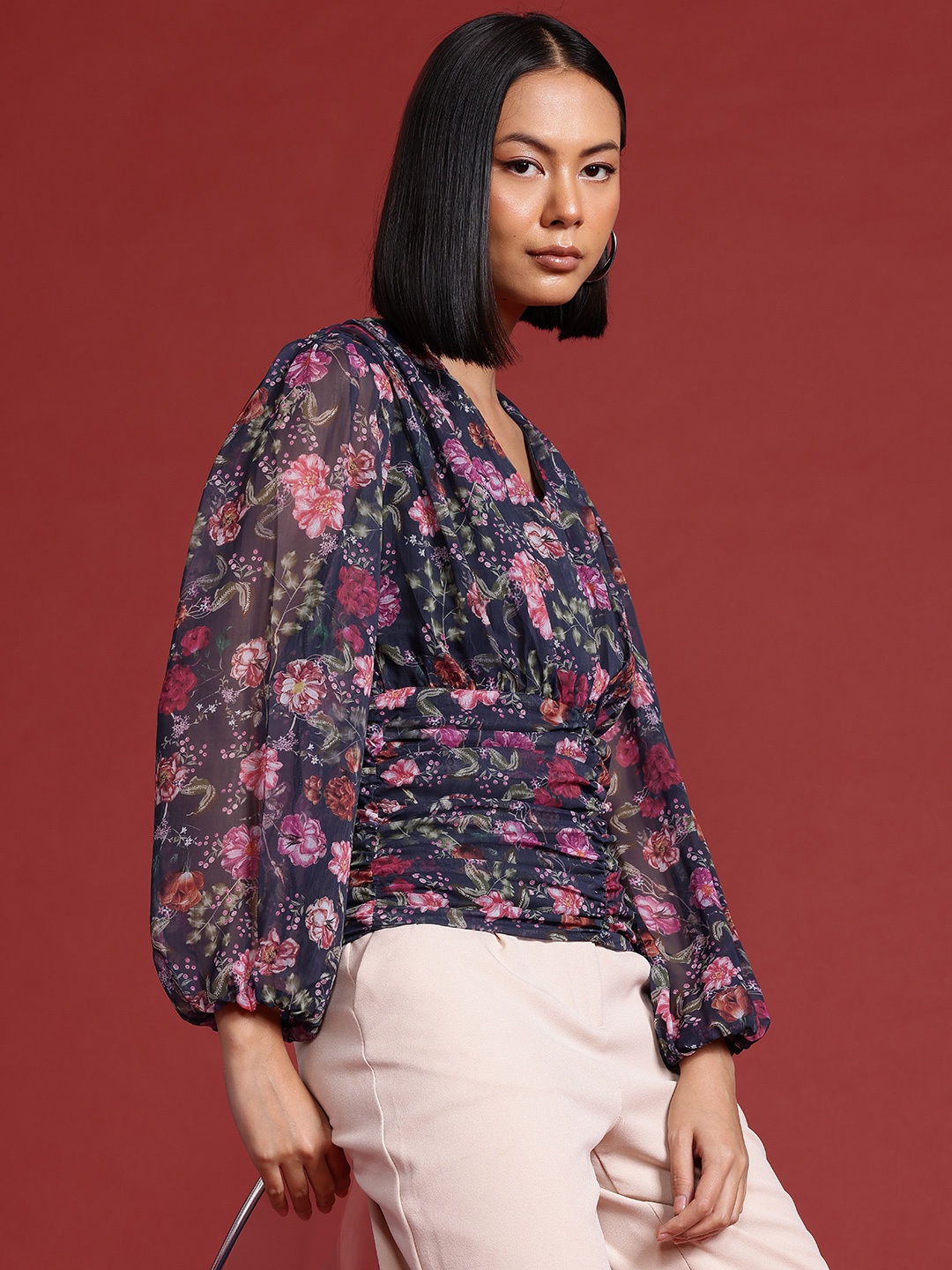 

all about you Floral Print Ruched Puff Sleeve Top, Navy blue