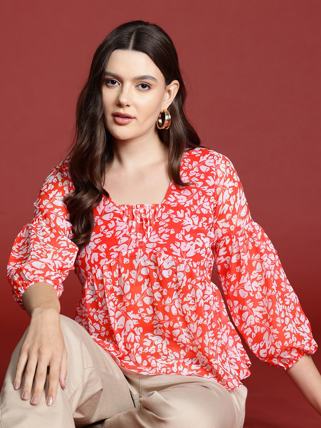 

all about you Floral Print Puff Sleeves Peplum Top, Orange