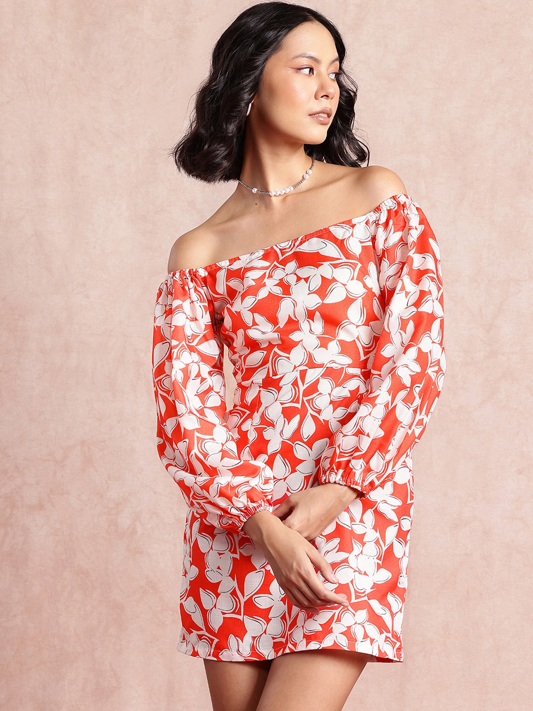 

all about you Floral Print Puff Sleeve Sheath Mini Dress, Orange