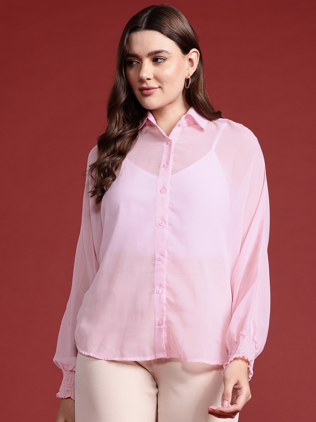 

All About You Formals Women Smocked Semi Sheer Casual Shirt, Pink