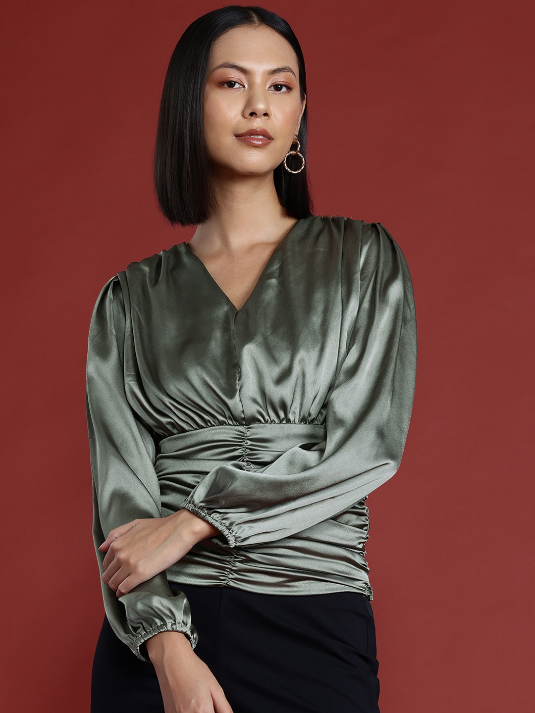 

all about you Cinched Waist Ruched Satin Top, Green