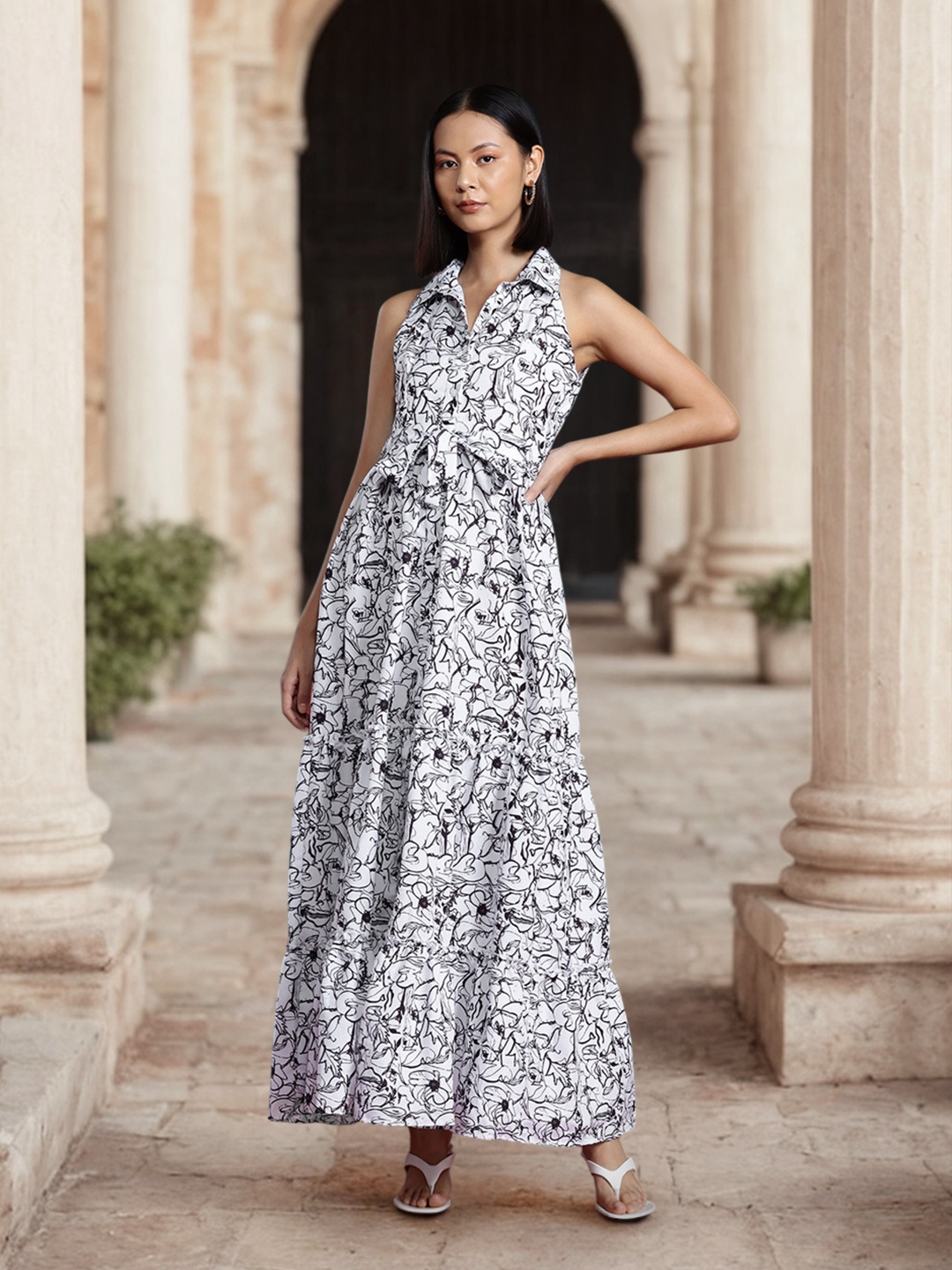 

all about you Abstract Printed Tiered Tie-Up Maxi Dress, White