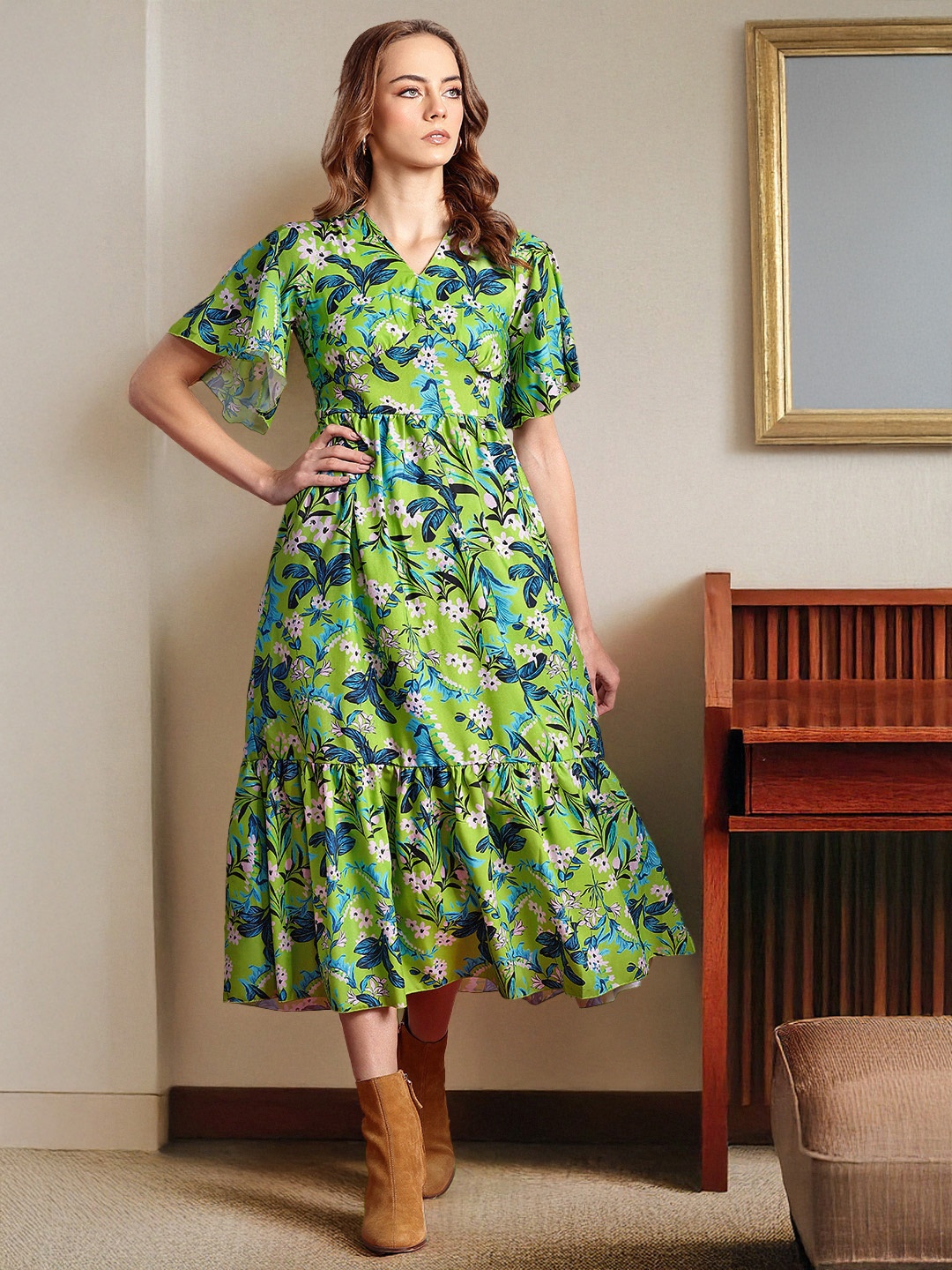 

all about you Floral Print Flared Sleeve Fit & Flare Midi Dress, Green