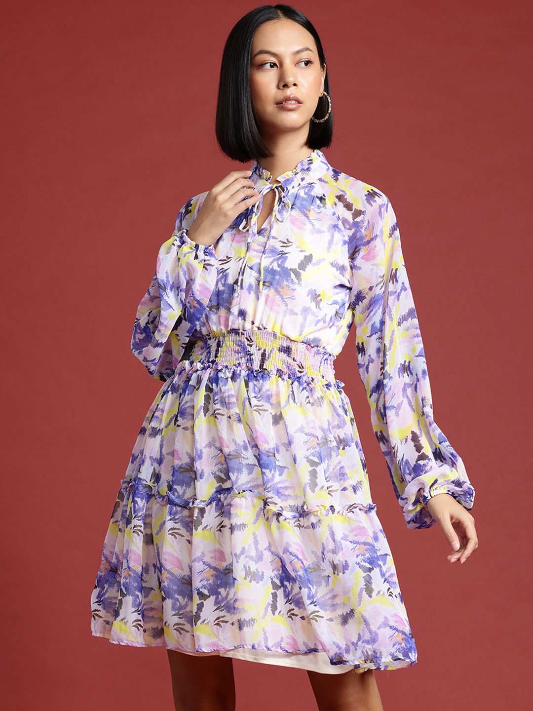 

all about you Abstract Printed Puff Sleeve Fit & Flare Dress, Purple