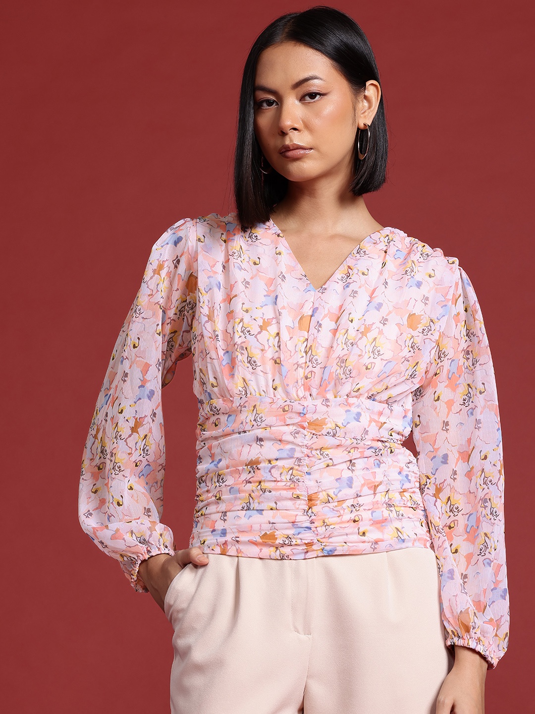 

all about you Floral Print Ruched Puff Sleeve Top, Pink