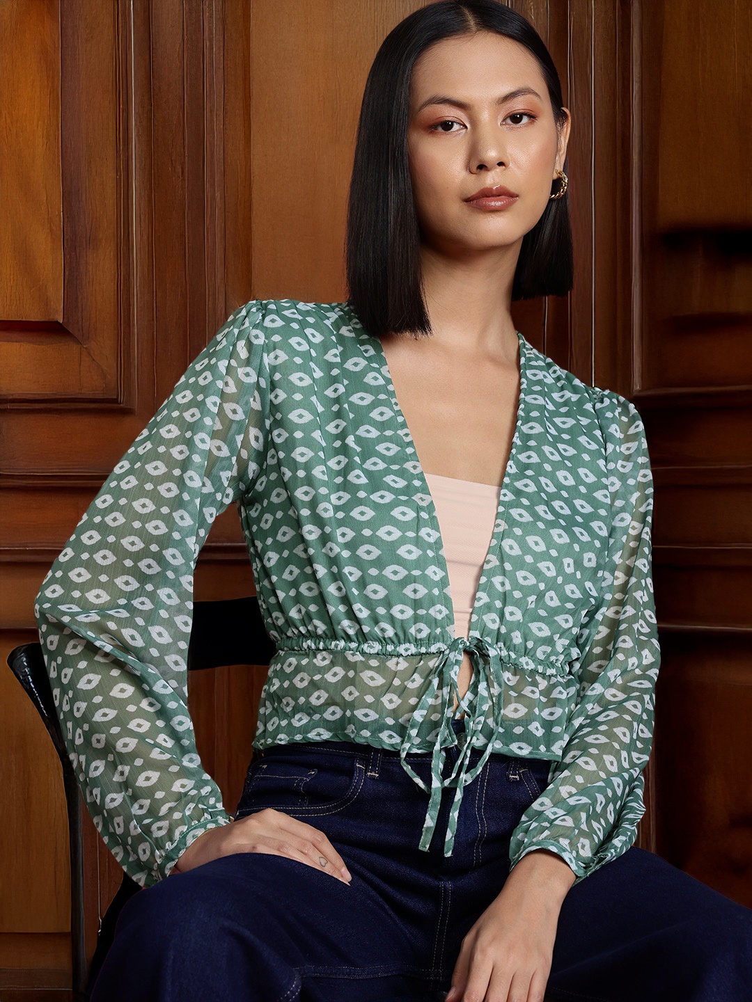 

all about you Printed Tie-Up Detailing Crop Top, Green