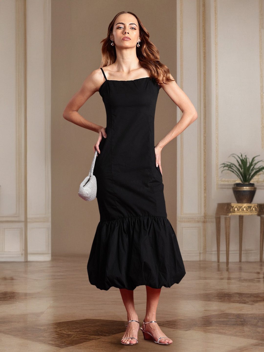 

all about you Pure Cotton Shoulder Straps Drop-Waist Midi Dress, Black