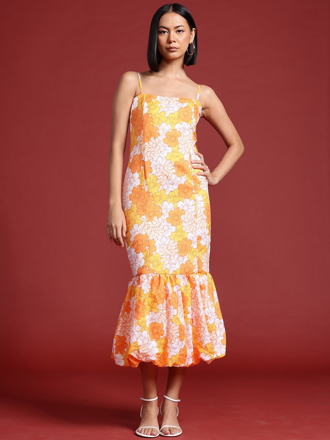 

all about you Floral Print Drop-Waist Midi Dress, Orange