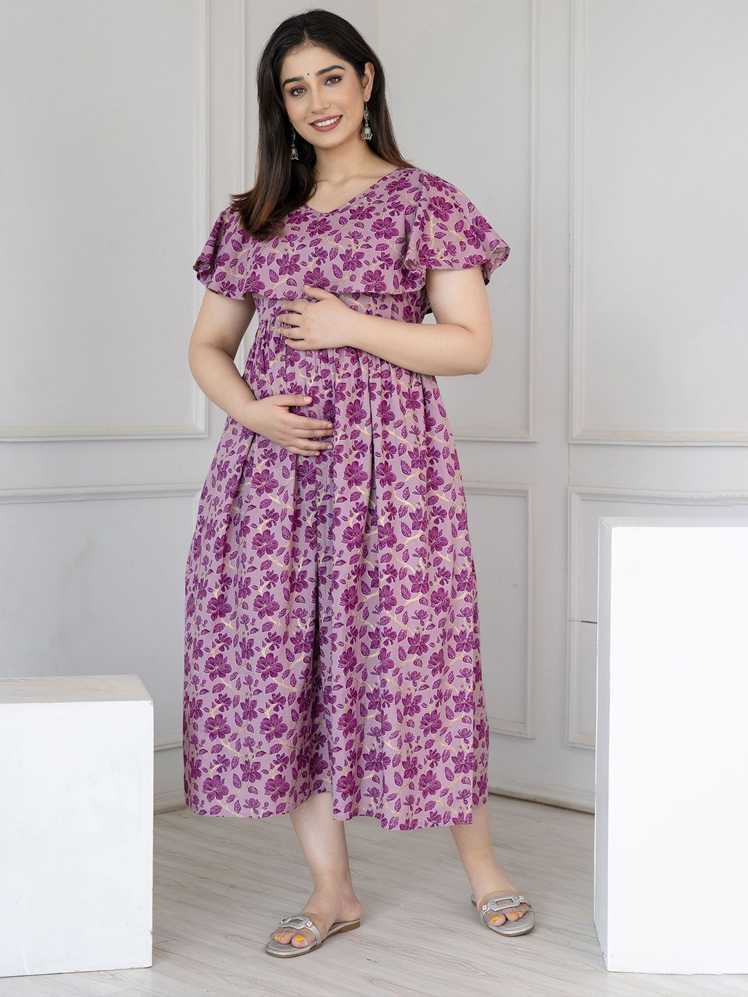 

Nayo Floral Print Flutter Sleeve Maternity Flared Dress, Purple