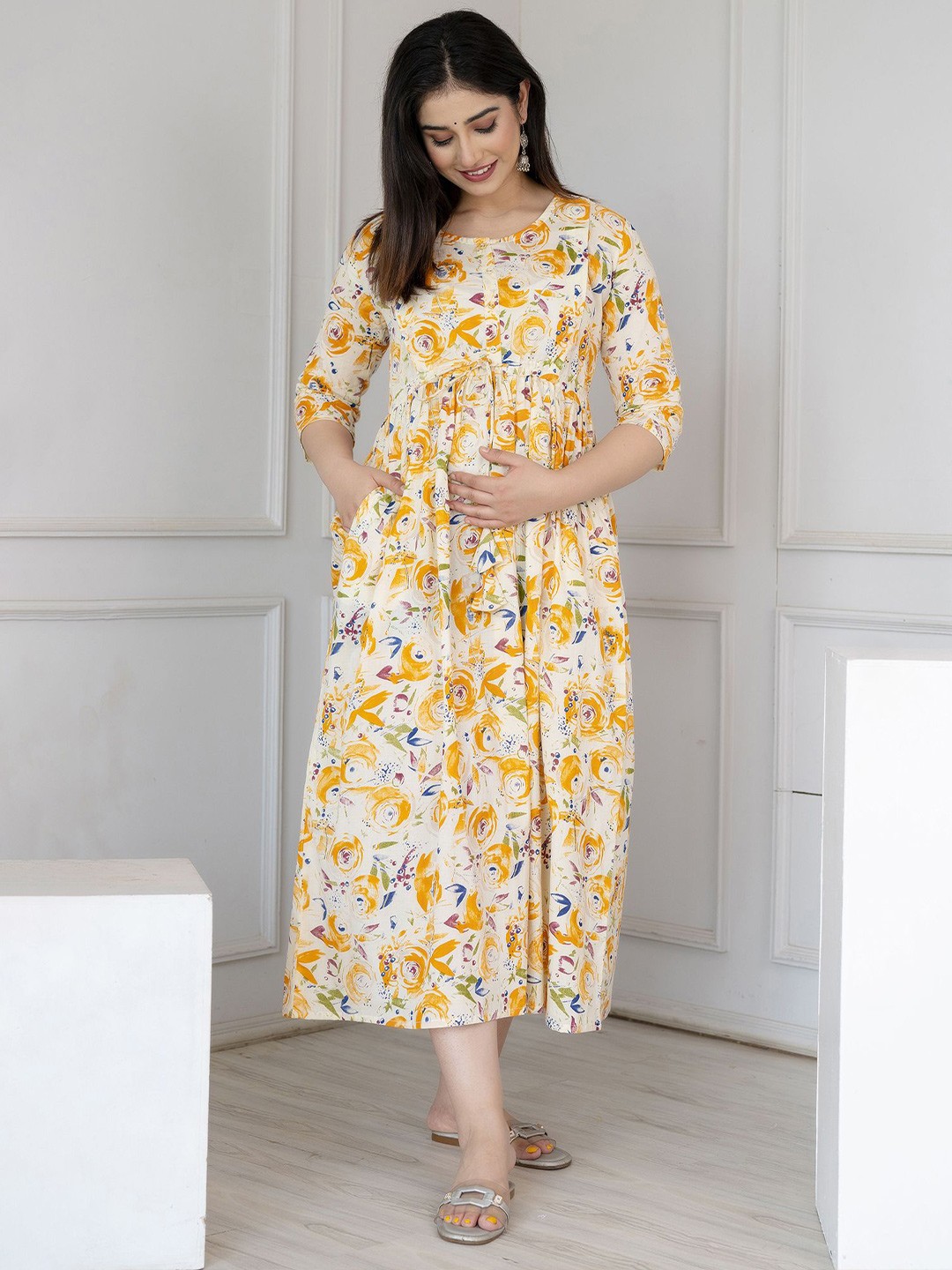 

Nayo Floral Print Maternity A-Line Midi Dress, White
