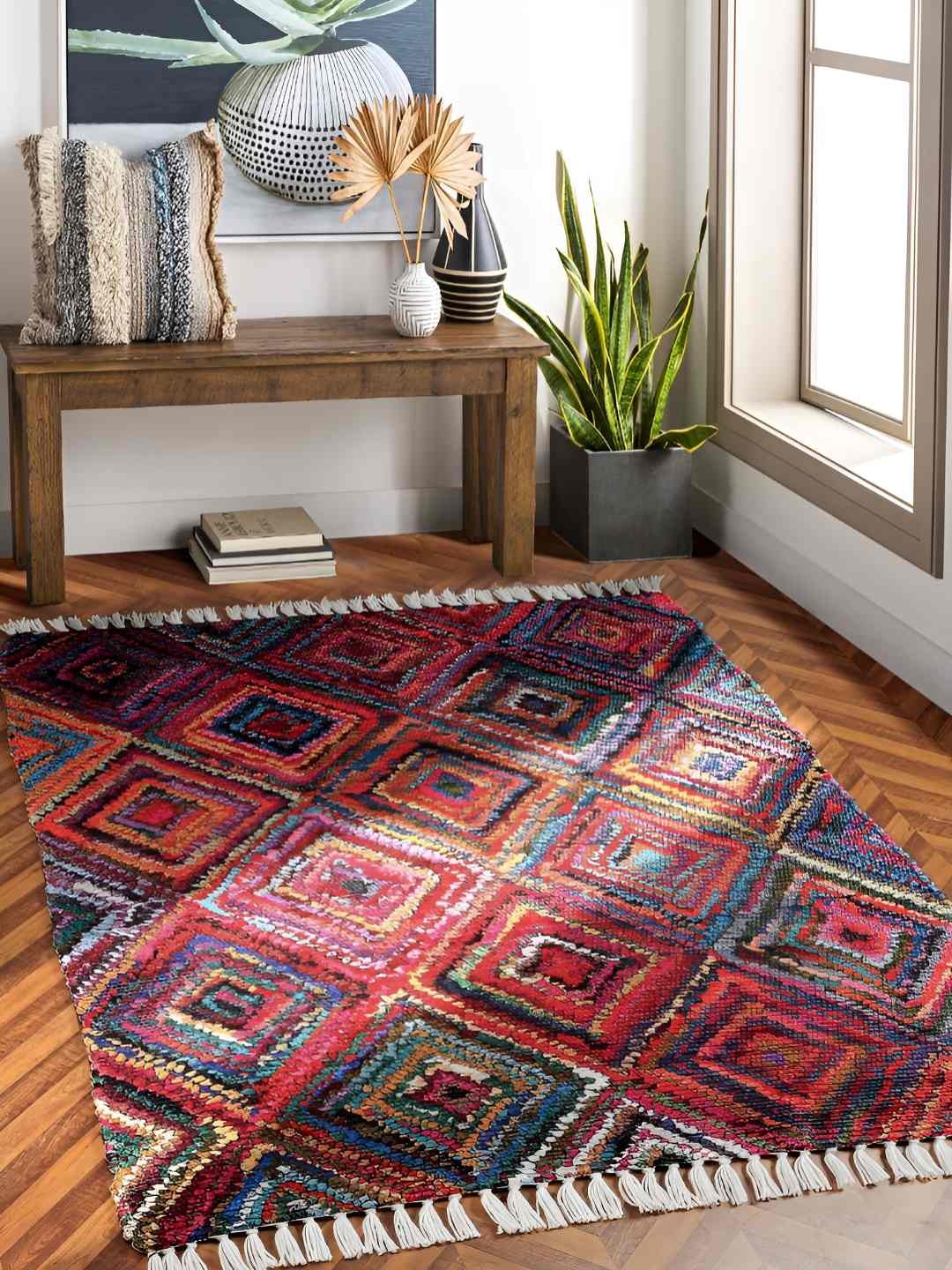 

HOMADORN Blue & Red Geometric Printed Anti Skid Floor Mats