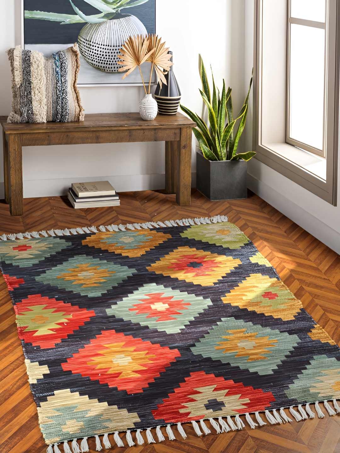 

HOMADORN Black & Yellow Geometric Printed Anti Skid Floor Mats