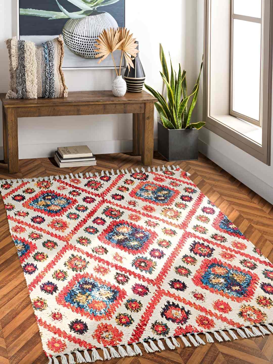 

HOMADORN White & Red Geometric Printed Anti Skid Floor Mats