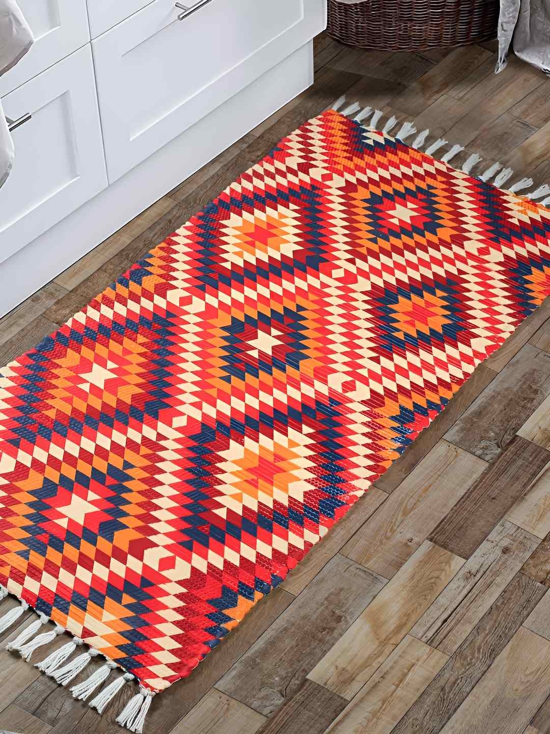 

HOMADORN Beige & Orange Geometric Printed Anti Skid Floor Mats