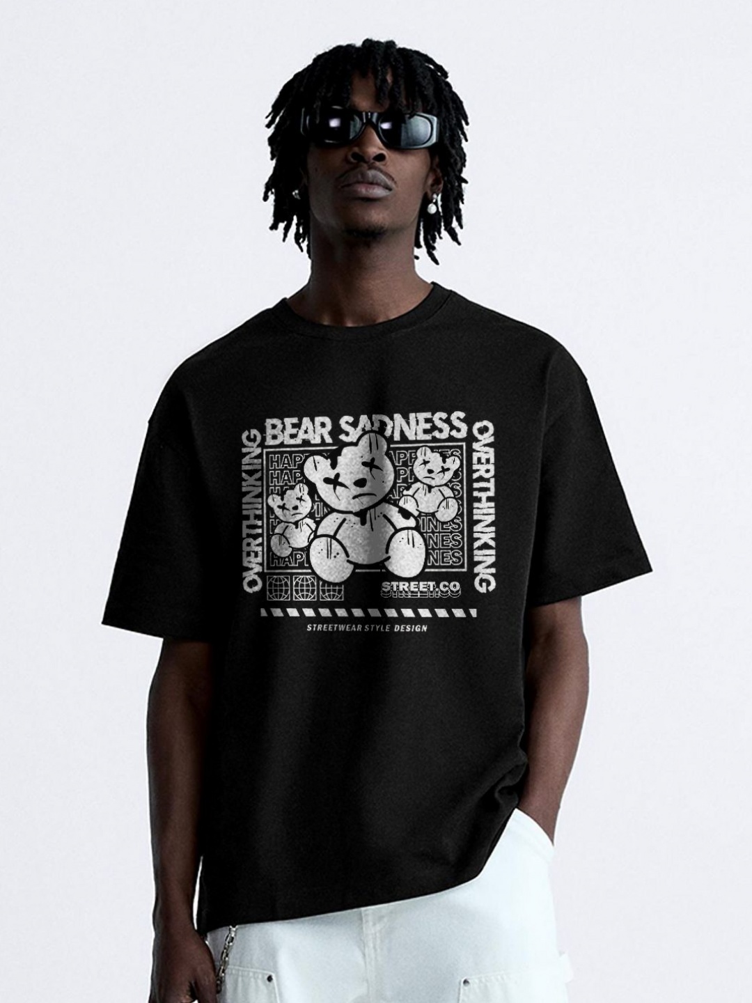 

OFFMINT Sad Bear Graphic Printed Drop-Shoulder Sleeves Cotton Oversized T-shirt, Black