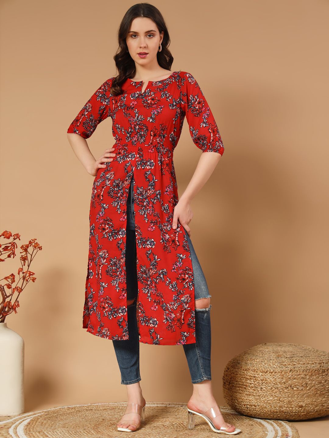 

Trend Arrest Women Floral Printed Maxi Longline Top, Red