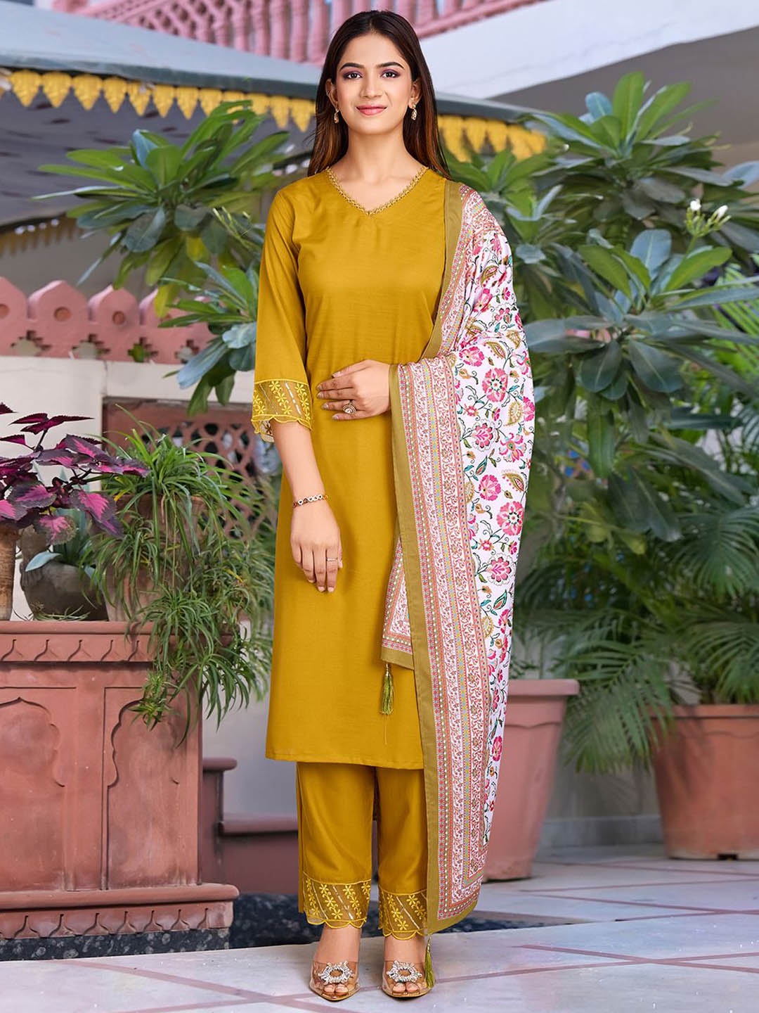 

Twika V-Neck Straight Kurta & Trousers With Dupatta, Mustard