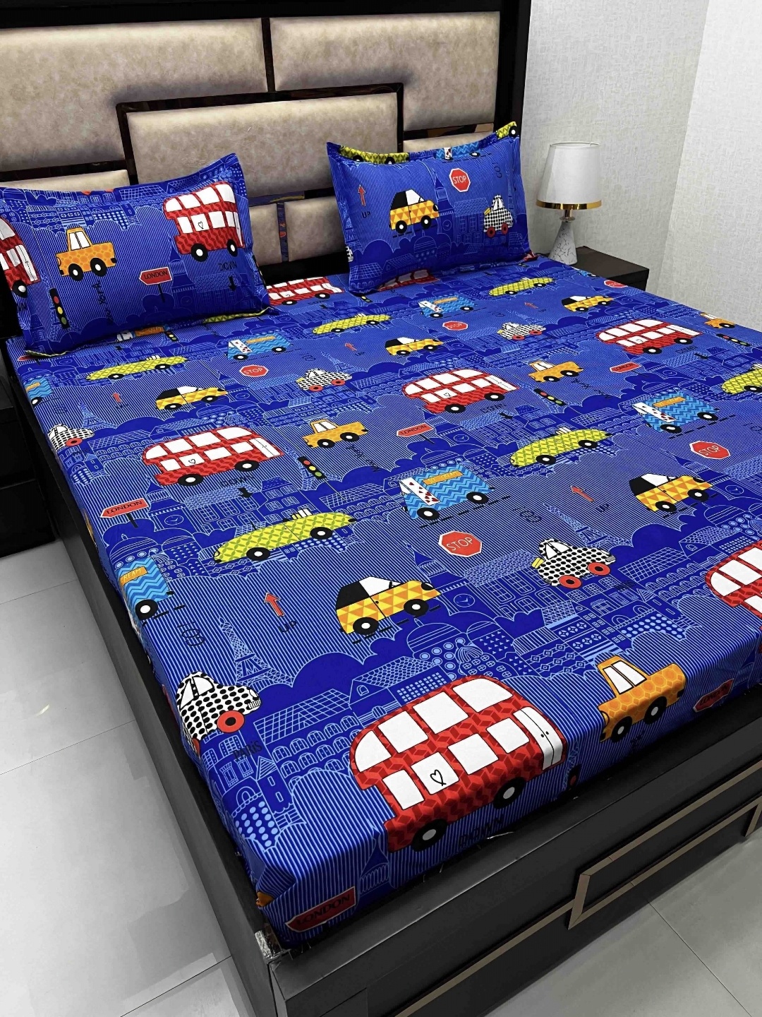 

Pure Decor Blue Cartoon Characters Cotton 300 TC Queen Bedsheet with 2 Pillow Covers