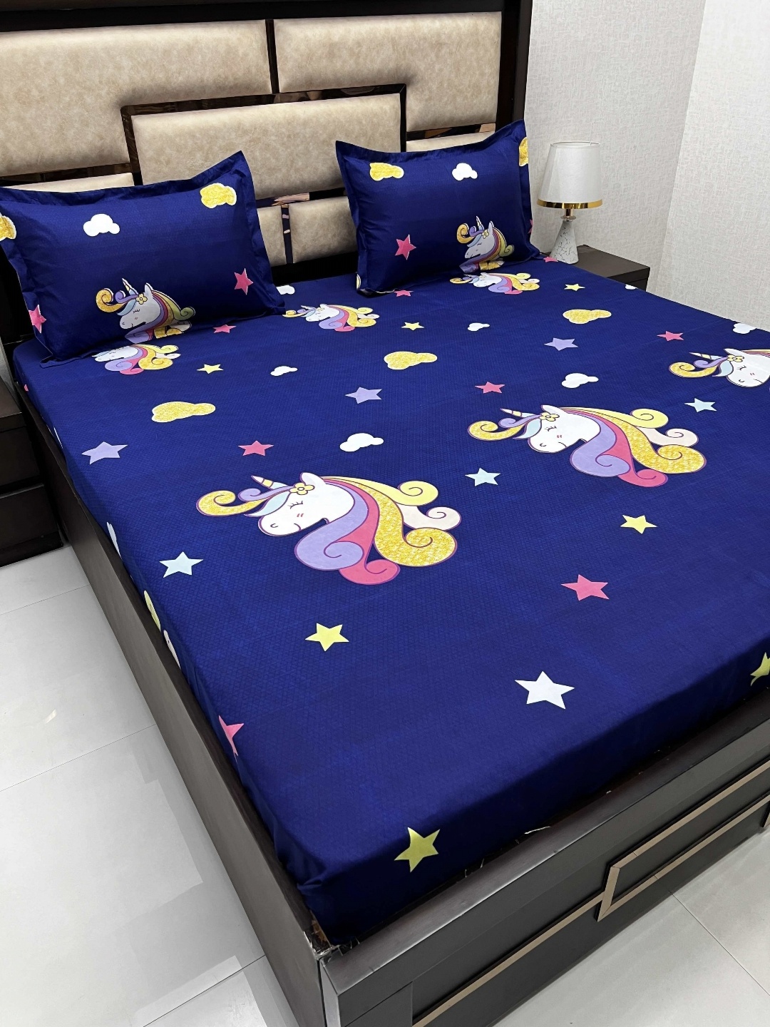 

Pure Decor Blue Cartoon Characters Cotton 300 TC Queen Bedsheet with 2 Pillow Covers