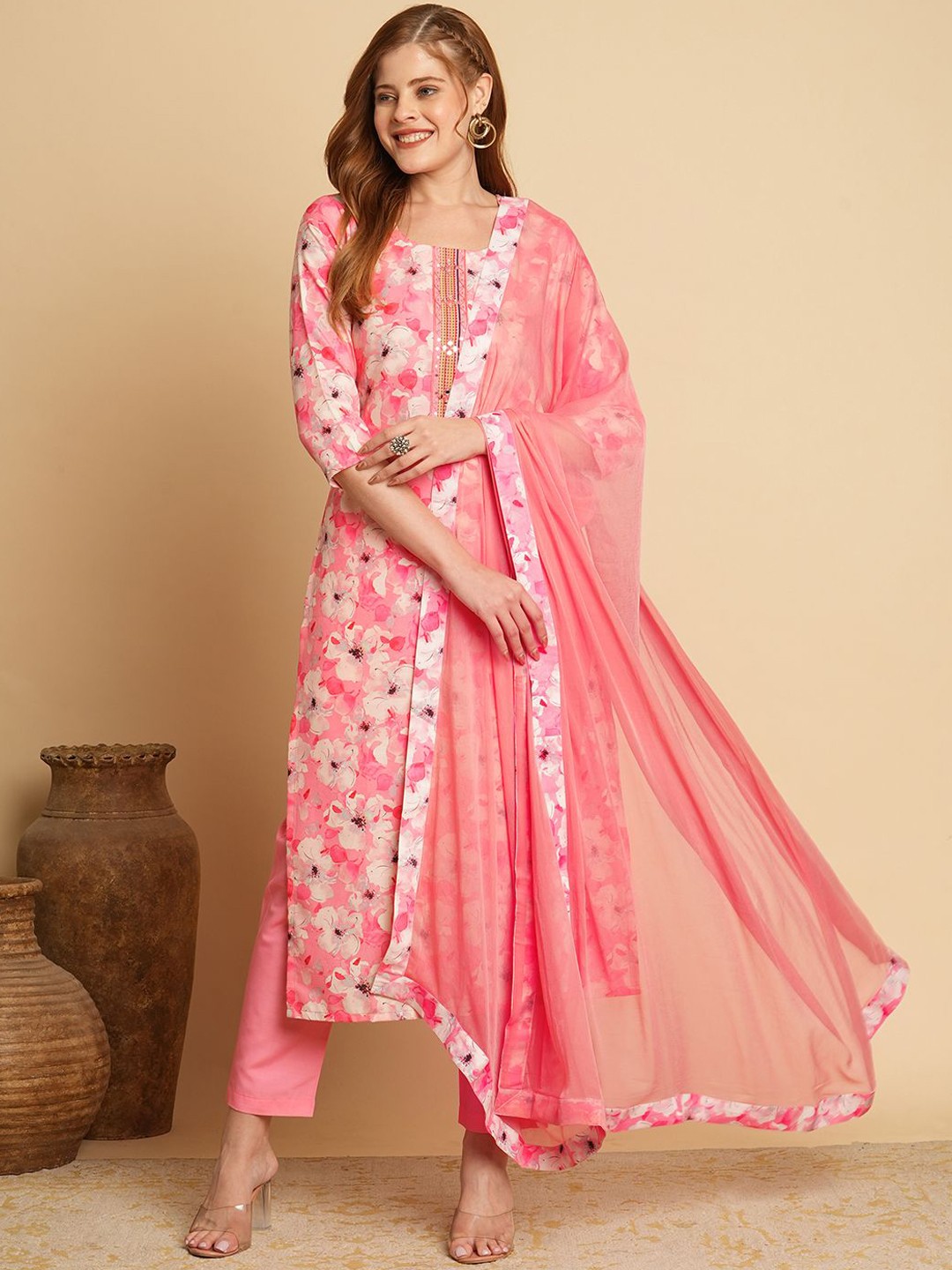 

KALINI Floral Printed Mirror Work Straight Kurta With Trousers & Dupatta, Pink
