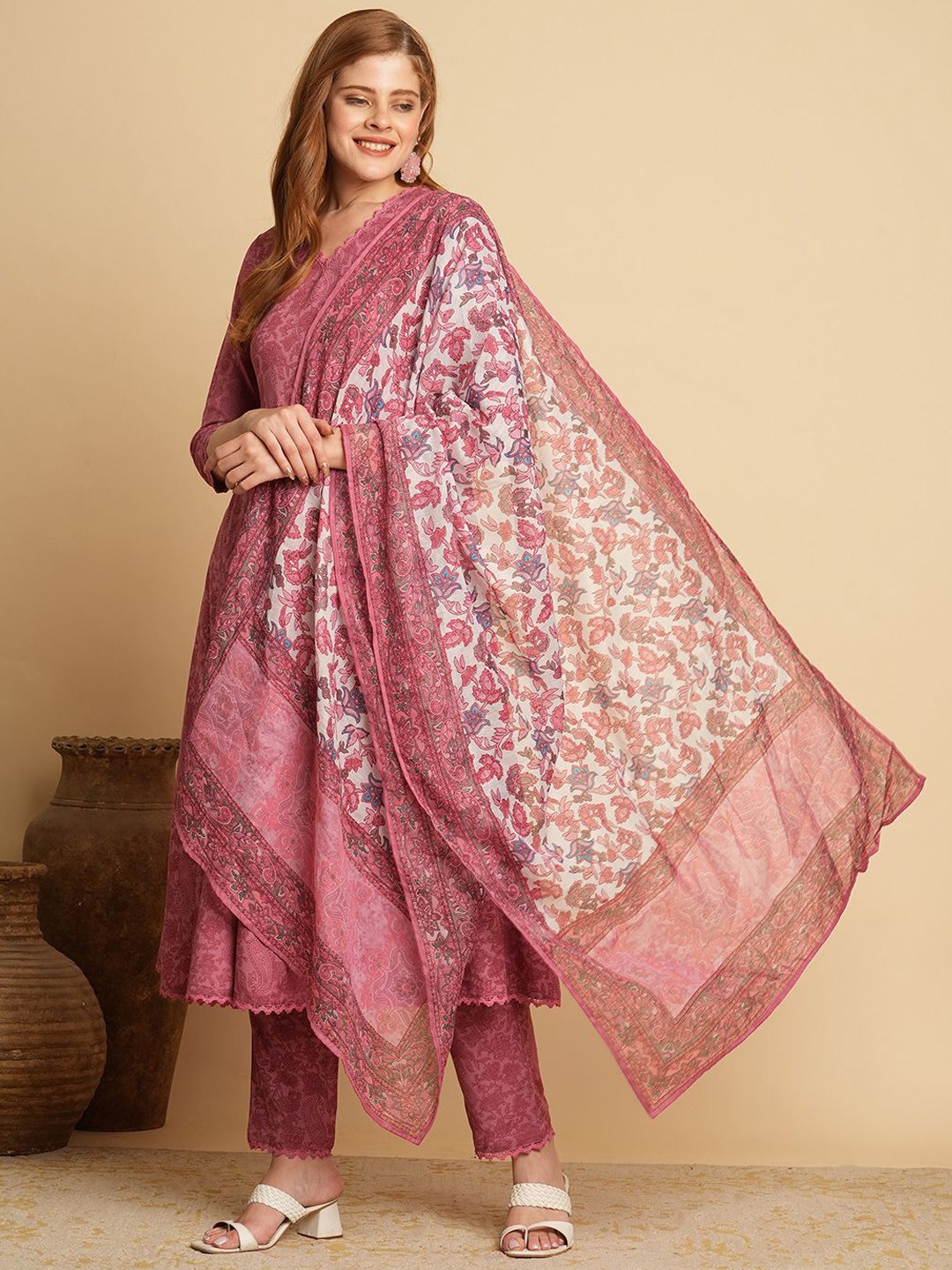 

KALINI Floral Printed V-Neck Angrakha Anarkali Kurta With Trousers & Dupatta, Pink