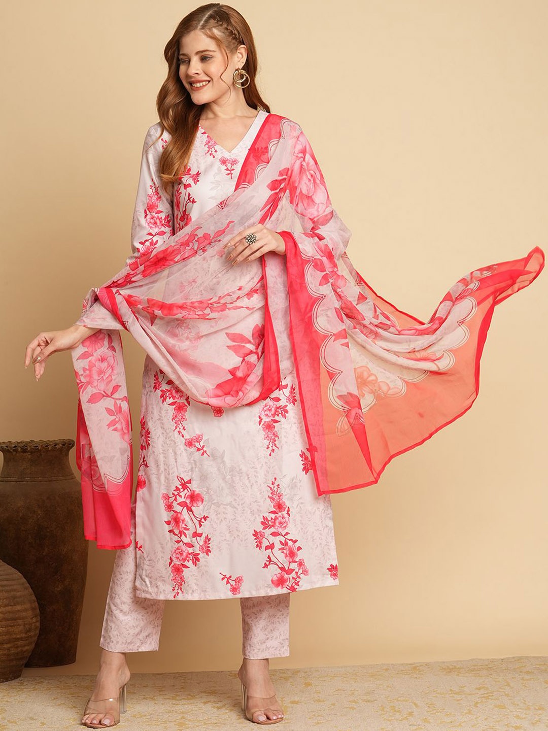 

KALINI Floral Printed V-Neck Straight Kurta With Trousers & Dupatta, Cream