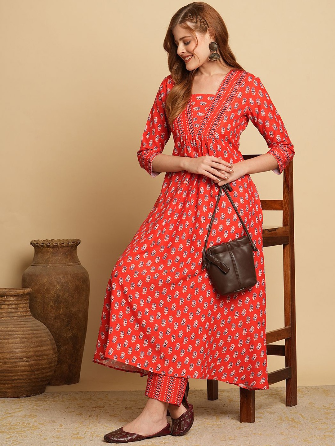 

KALINI Floral Printed V-Neck Anarkali Kurta With Trousers, Red