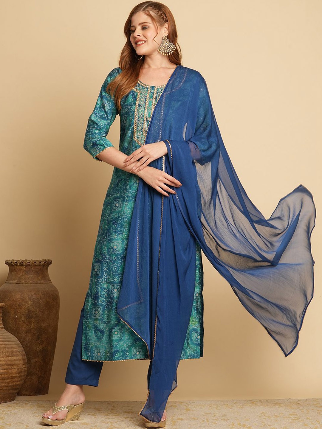 

KALINI Floral Printed Round Neck Straight Kurta With Trousers & Dupatta, Blue