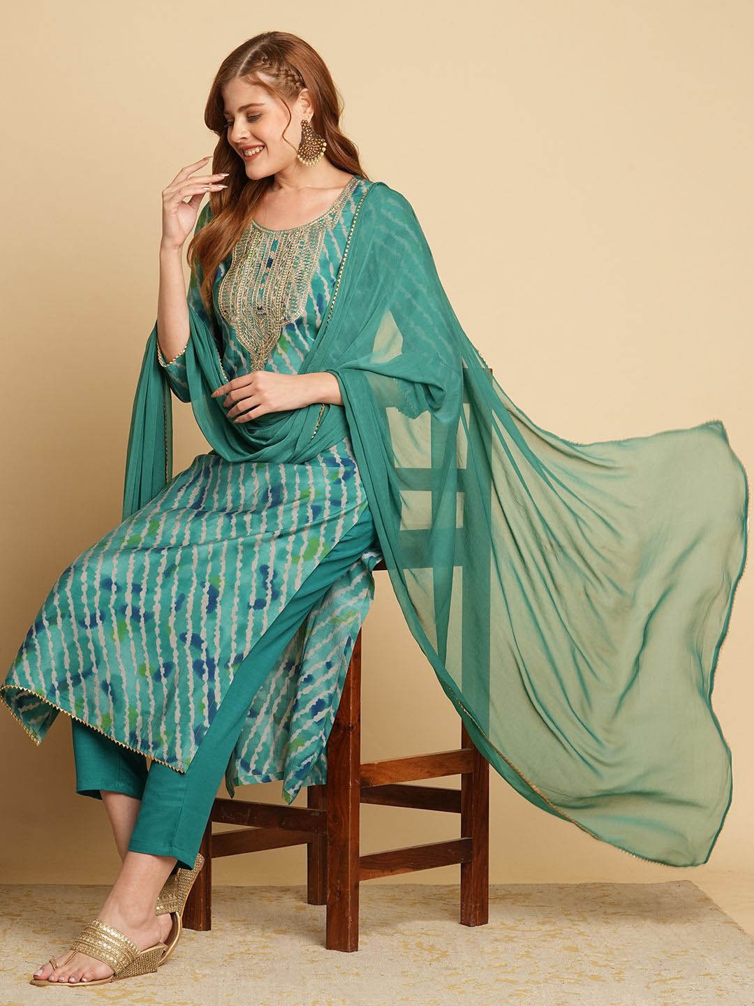 

KALINI Leheriya Embroidered Round Neck Straight Kurta With Trousers & Dupatta, Green