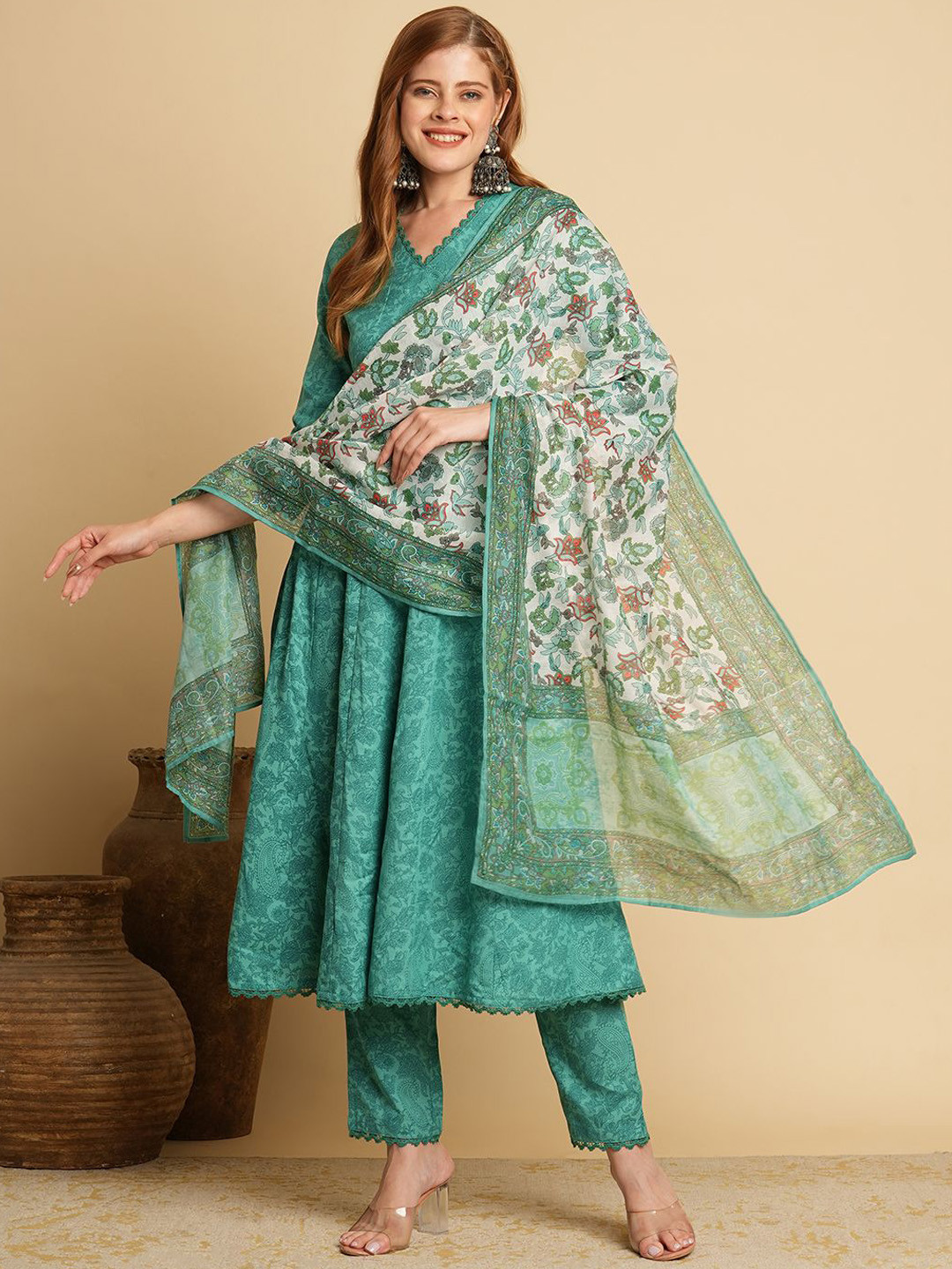 

KALINI Floral Printed V-Neck Anarkali Kurta with Trousers & With Dupatta, Green