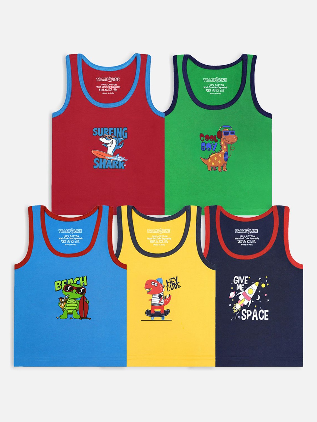 

YK X Trampoline Pack Of 5 Boys Printed Cotton Innerwear Vests, Yellow