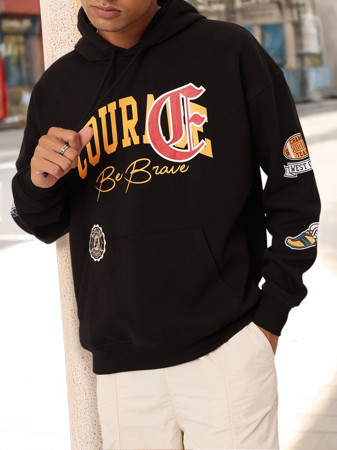 

Kook N Keech Sporty Edge Printed Embroidered Hooded Oversized Sweatshirt, Black