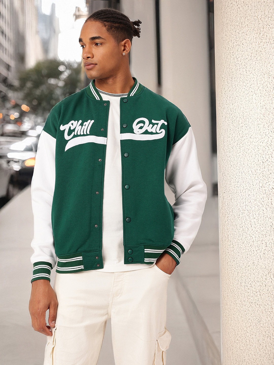 

Kook N Keech Sporty Chill Out Embroidered Varsity Jacket, Green