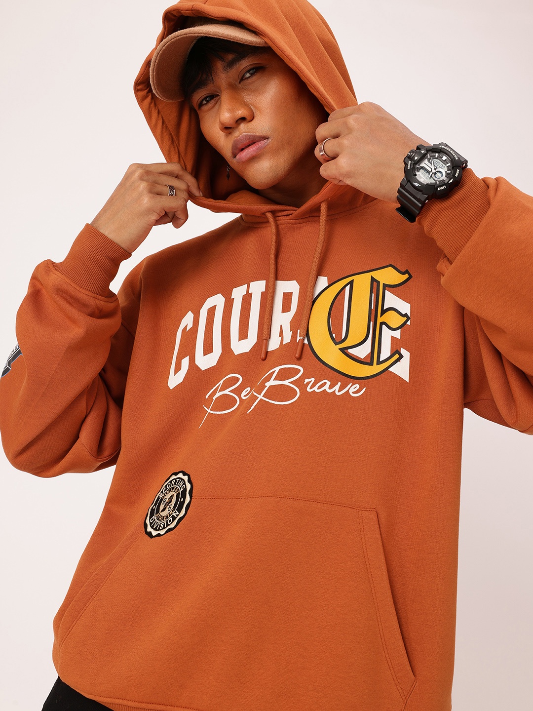 

Kook N Keech Sporty Twist Printed Oversized Hooded Sweatshirts, Rust